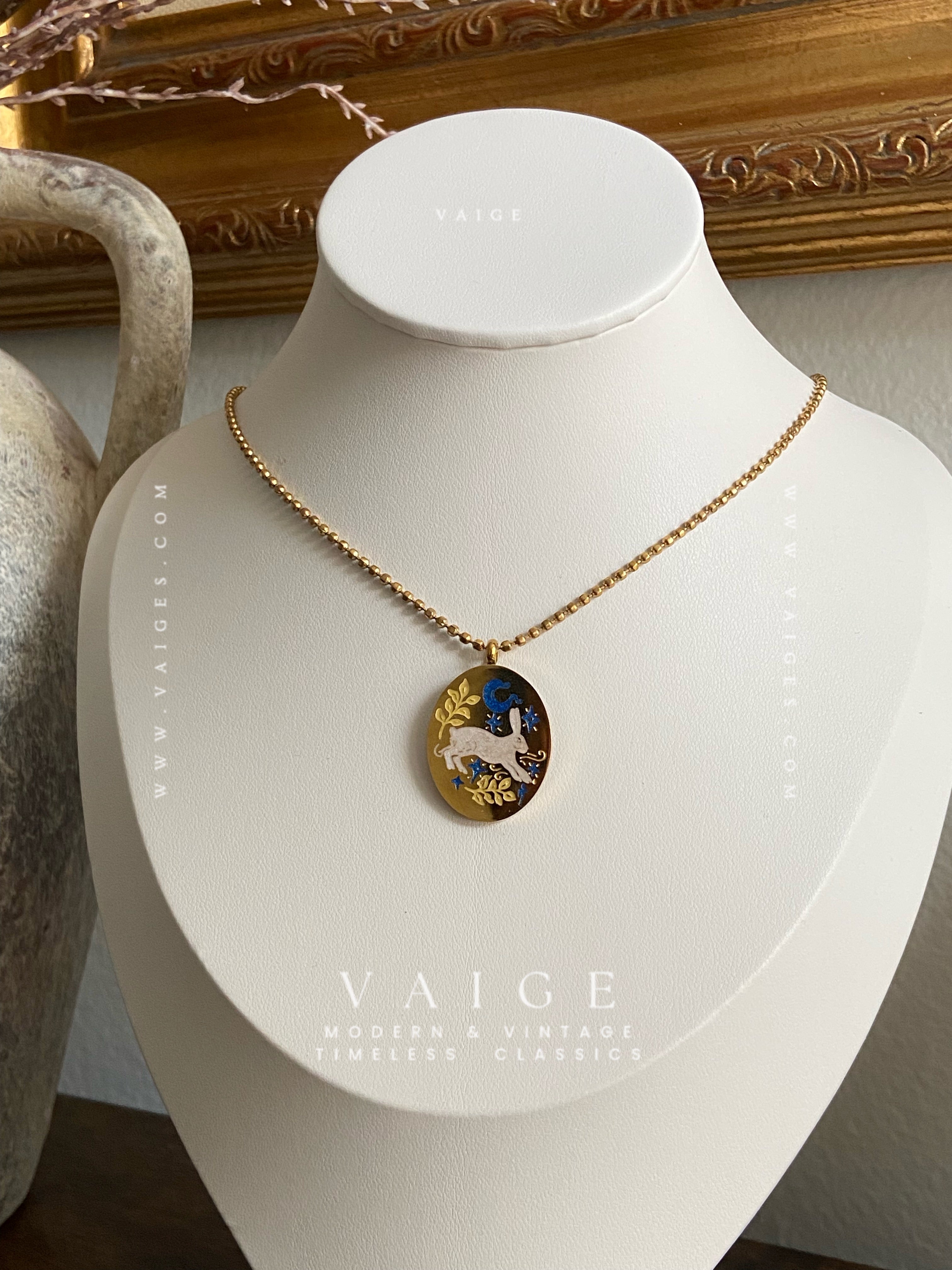 VAIGE Painted Enamel Rabbit Oval 18K Gold Plated Necklace